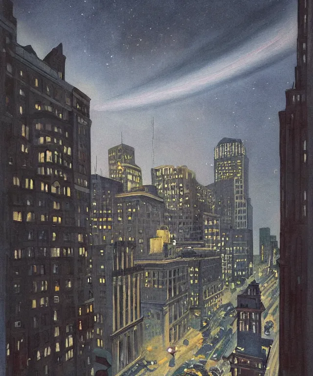 Image similar to horrifying full color photorealistic painting of the view of a warped downtown 1 9 2 5 boston at night with a cosmic sky viewed from a hotel balcony, dark, atmospheric, brooding, smooth, finely detailed, cinematic, epic, in the style of paul carrick