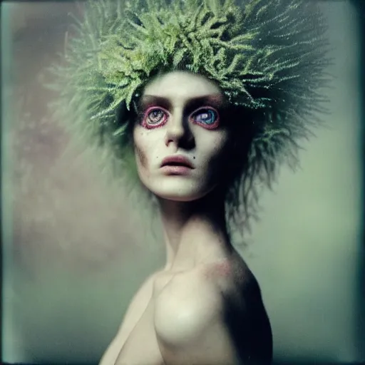 Prompt: kodak portra 4 0 0, wetplate, photo of a surreal artsy dream scene,, weird fashion, in the nature, highly detailed face, very beautiful model, portrait, ultra - realistic and expressive human eyes, close up, extravagant dress, carneval, animal, wtf, photographed by paolo roversi style and julia hetta