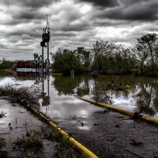 Prompt: post - apocalyptic magic kingdom, wasteland, submerged, monorail, abandoned, wet, swamp, swamp gas, nuclear fallout, yellow mist, yellow sky, dark clouds, walt disney world, highly detailed, intricate, 8 k