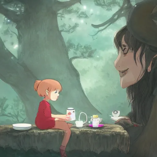 Prompt: little girl drinking tea with a friendly cryptid, artstation, studio ghibli