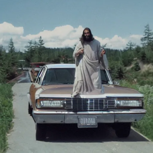 Prompt: jesus driving a kingswood station wagon