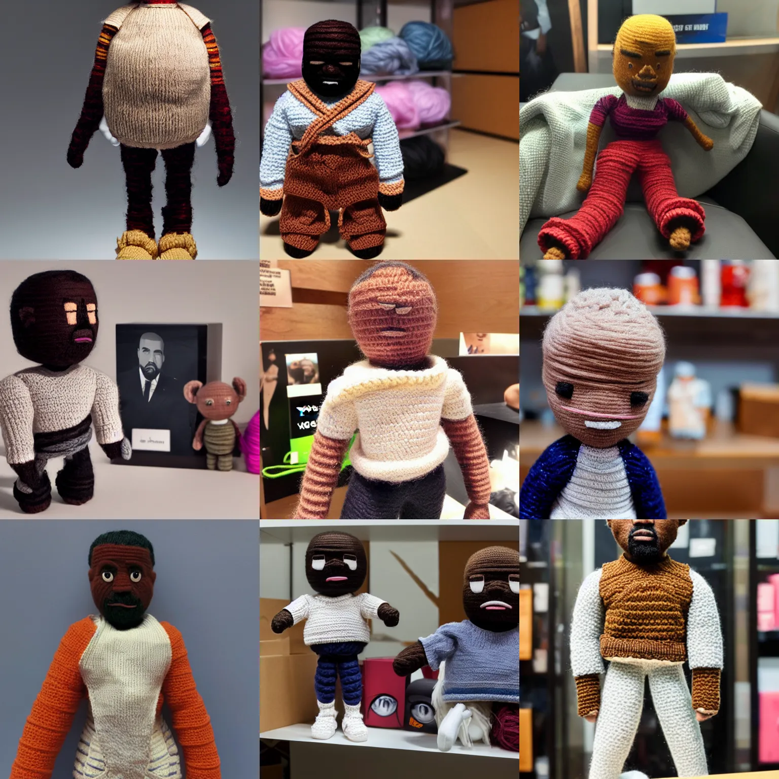 Prompt: a kanye west doll made out of yarn, product display photograph