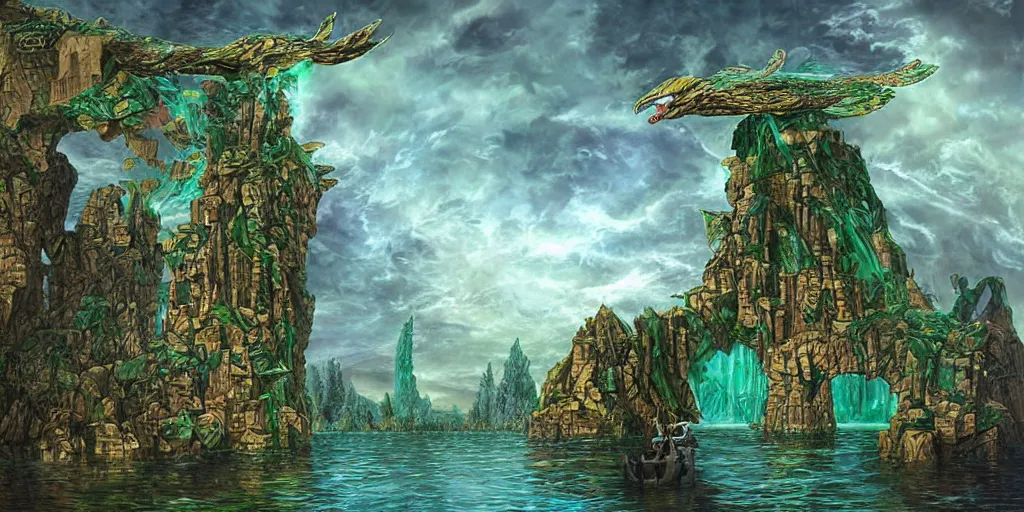 Prompt: soaring flying brick tower on dark evil malachite stronghold, under outer world forrest, rivers and lakes, art by Dmitry Dubinsky