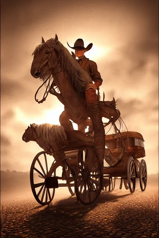 Prompt: hyperrealist portrait of a cowboy driving stage coach by fredrick remington and howard powel, fantasy art, photo realistic, dynamic lighting, artstation, poster, volumetric lighting, very detailed faces, 4 k, award winning