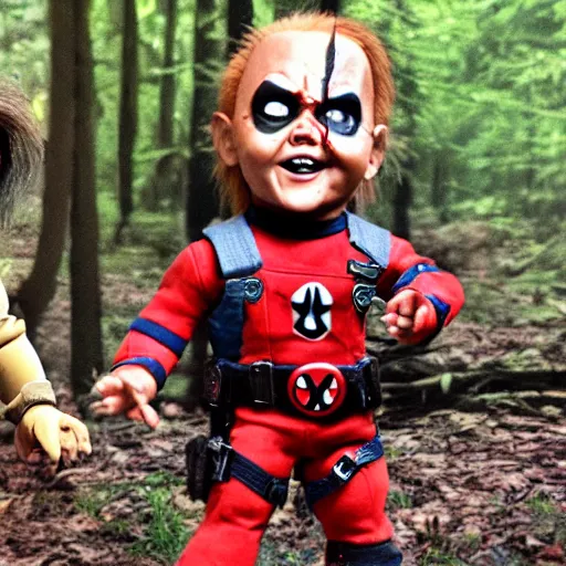 Image similar to chucky the doll and deadpool in the woods together 4 k detailed super realistic