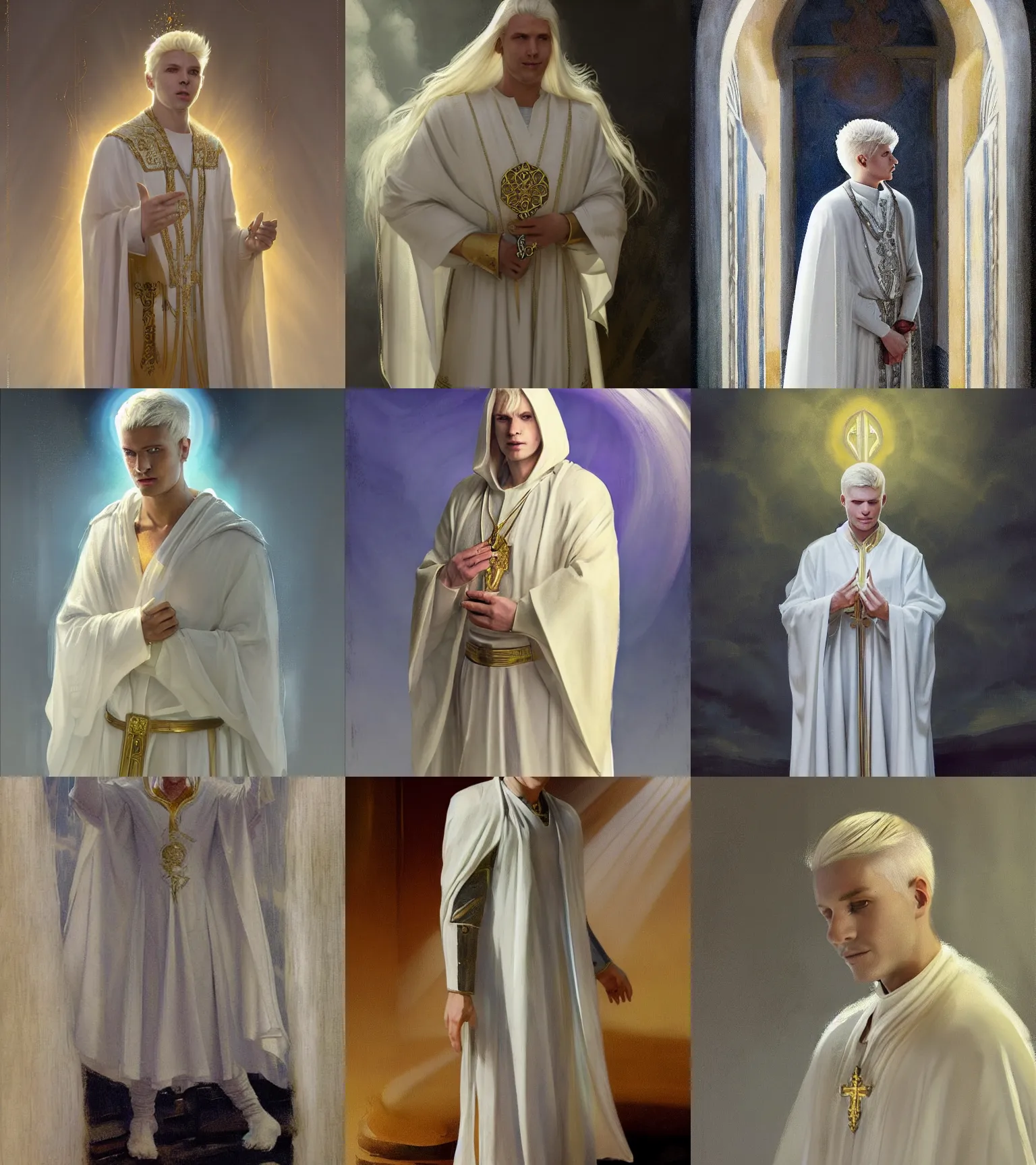 Prompt: Portrait of an Aasimar man wearing white and gold cleric vestments, short platinum blonde hair a kind face a halo of light over his head and a distantly hopeful expression, cinematic lighting, detailed, beautiful, illustration by Greg Rutkowski, Andrei Riabovitchev Jean Giraud Tom Anders Zorn, Edward Hopper and Ilya Kushinov, Frederick Bacon, Tom Anders Zorn, John Collier, Vladimir Abat-Cherkasov