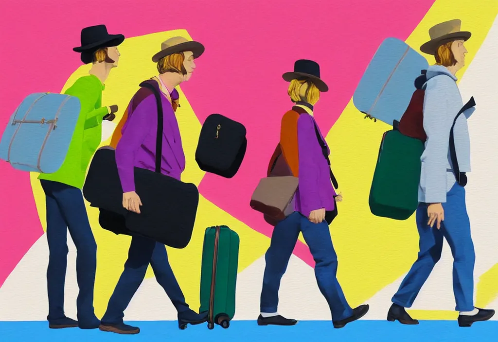 Image similar to full body portrait of a trio of european tourists autumn travel apparel, various poses walking and carrying luggage, character designs painting, in the style of wes anderson, rene magritte, lola dupre, david hockney, isolated on white background, dark monochrome neon spraypaint accents volumetric octane render