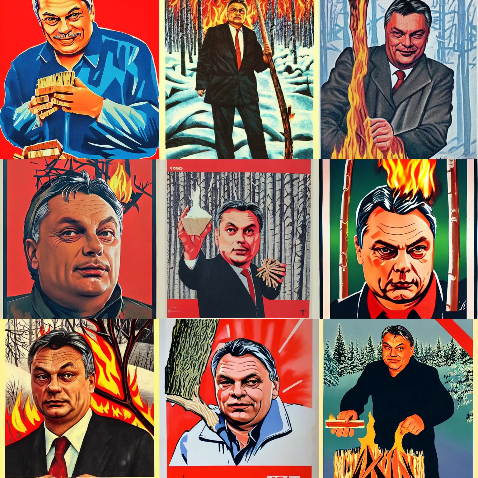 Prompt: soviet poster of viktor orban, highly detailed face, holding a burning wood piece, winter forest in background