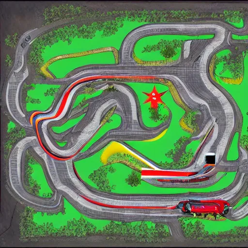 Prompt: top down view of Nintendo Mario kart custom racing racetrack map. Punk rock hiking trail themed custom dirt path trail map. Post punk underground nightclub rave course. HD track details.