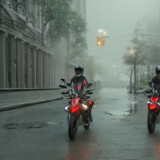 Image similar to highly detailed, photo realistic, futuristic drz 4 0 0 s at night in the rain driving on a city street, dense fog, unreal engine, by greg rutowski, by stanley artgerm, by alphonse mucha