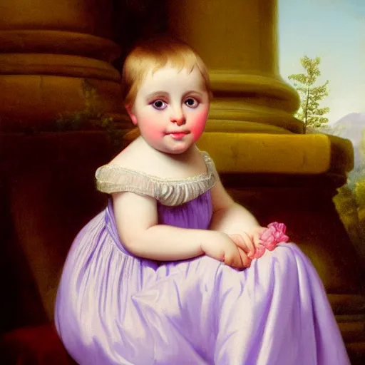 Image similar to portrait of a german toddler princess sitting down in a silk lavender gown, circa 1 8 3 7, by carl joseph begas, highly detailed, beautiful, oil on canvas, 1 8 3 0 s, romanticism