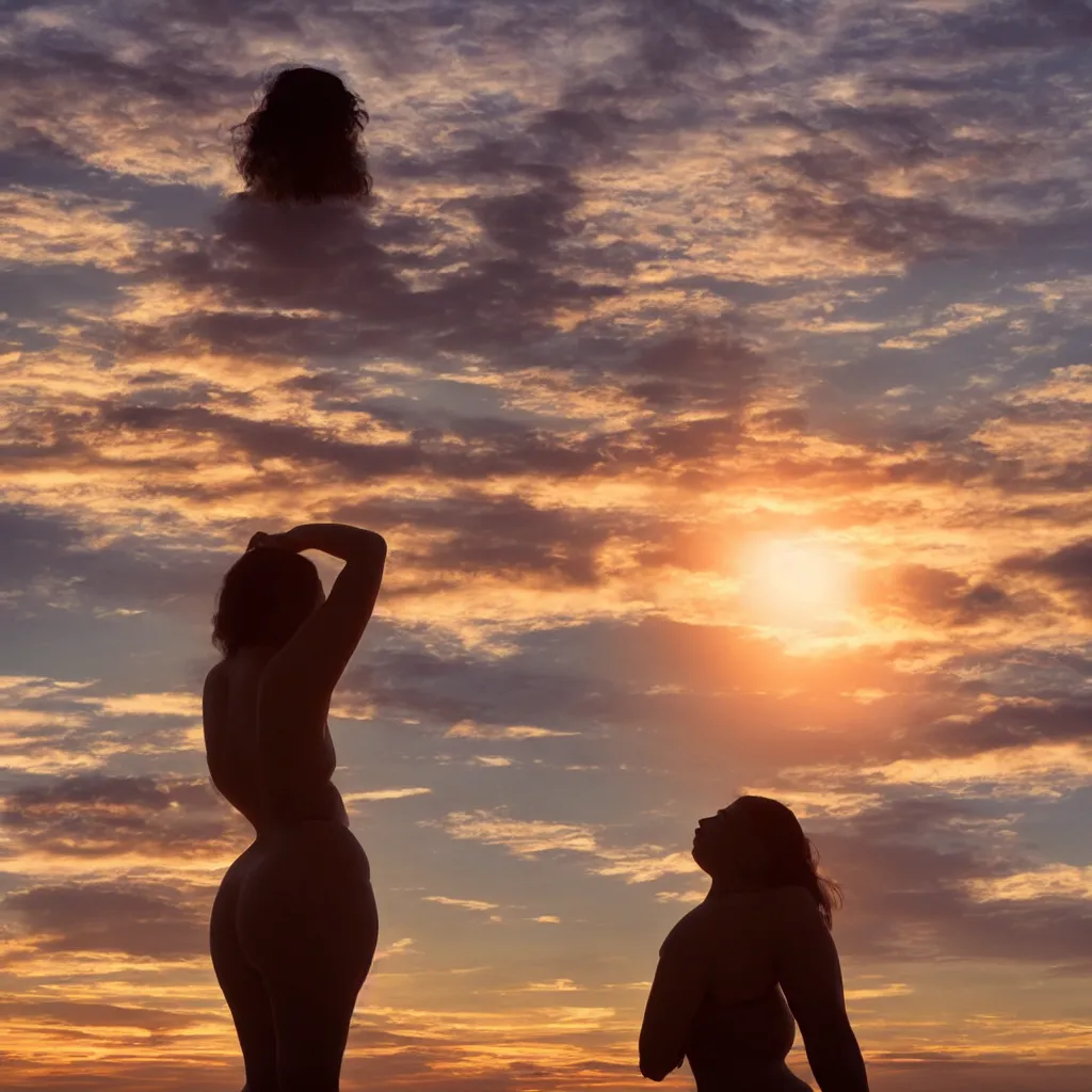 Prompt: a curvy woman gazing at the sunset