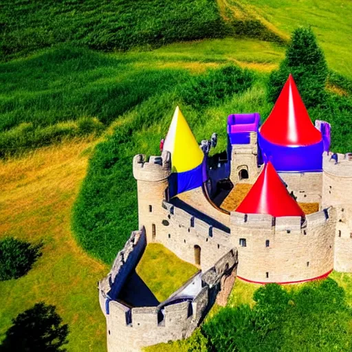 Prompt: Bouncy castle high atop a hill, medieval castle made of vinyl and rubber, inflated colorful castle, aerial photograph, European countryside