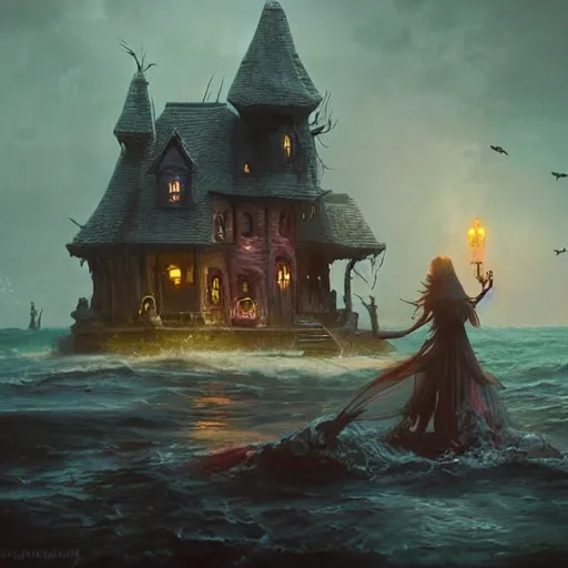 Image similar to realistic scary witches in front of a candy witch house, floating on the ocean, epic scene, fantasy, cinematic, hyper - detailed, in the style of greg rutkowski