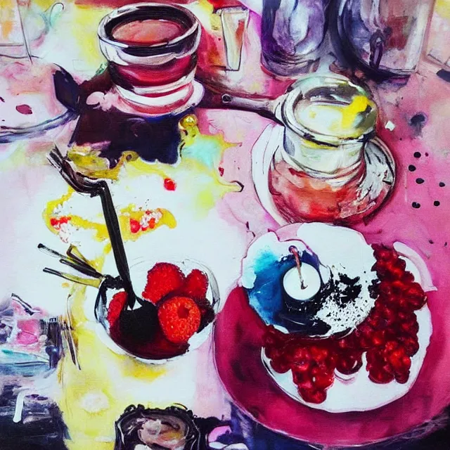 Image similar to “ sensual, neo - expressionism, surrealism, a portrait in a female art student ’ s apartment, pancakes, berries, art supplies, a candle dripping white wax, berry juice drips, acrylic and spray paint and oilstick on canvas ”