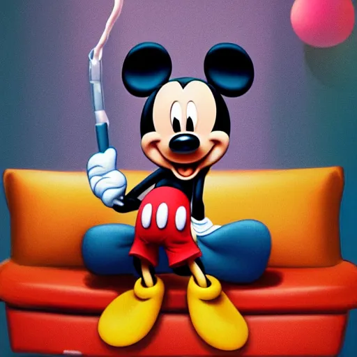 Prompt: mickey mouse holding a giant weed joint while sitting on a couch in a messed up apartment, stoned eyes, amazing digital art, amazing detail, artstation, award winning, sharp