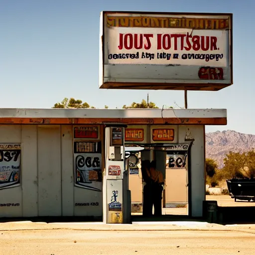 Image similar to a cowboy going through the door of an old gas station, Joshua Tree Park, dust flying, cinematography by Roger Deakins in cinemascope