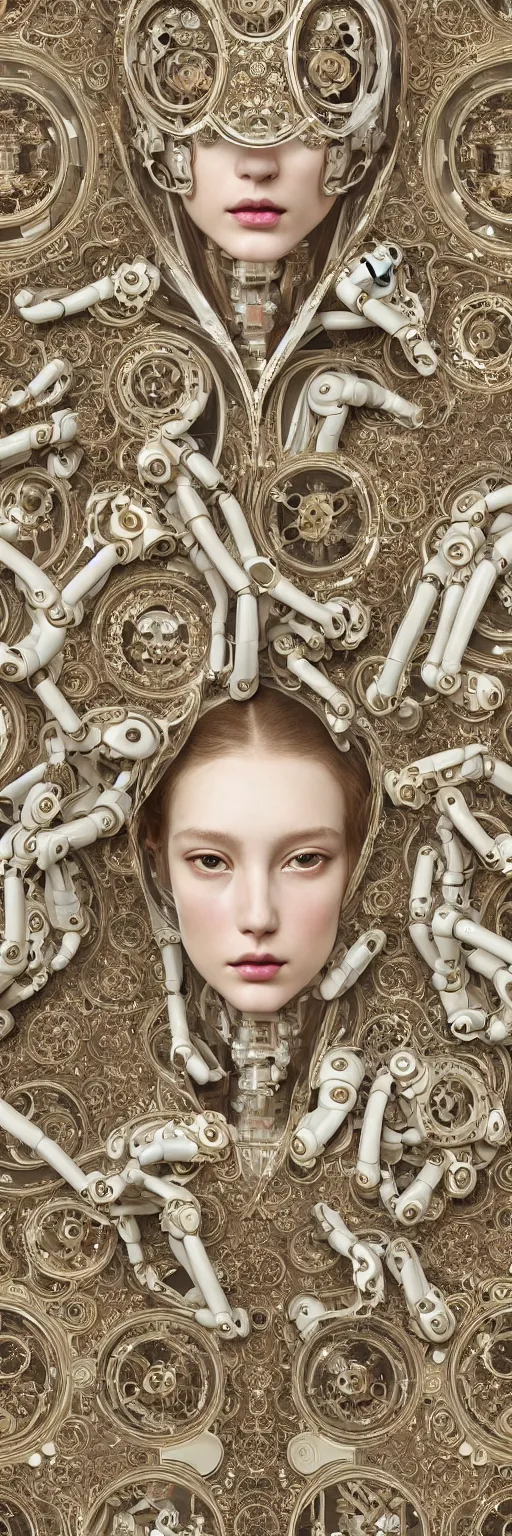 Image similar to seamless pattern of beautiful cybernetic baroque robots, beautiful baroque porcelain faces + body is clear plastic, inside organic robotic tubes and parts, front facing, wearing translucent baroque rain jackets, rococo frame + symmetrical composition + intricate details, hyperrealism, wet, reflections + by alfonse mucha, no blur