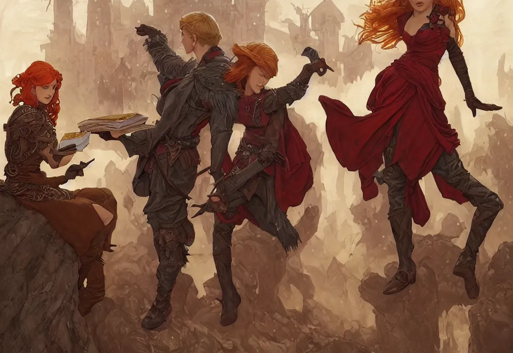 Image similar to an epic fantasy comic book style painting of a young red headed girl with a book in one arm meeting a young boy thief with blonde wearing plain brown leather thief clothes, d & d, fantasy, intricate, elegant, highly detailed, digital painting, artstation, concept art, matte, sharp focus, illustration, art by artgerm and greg rutkowski and alphonse mucha