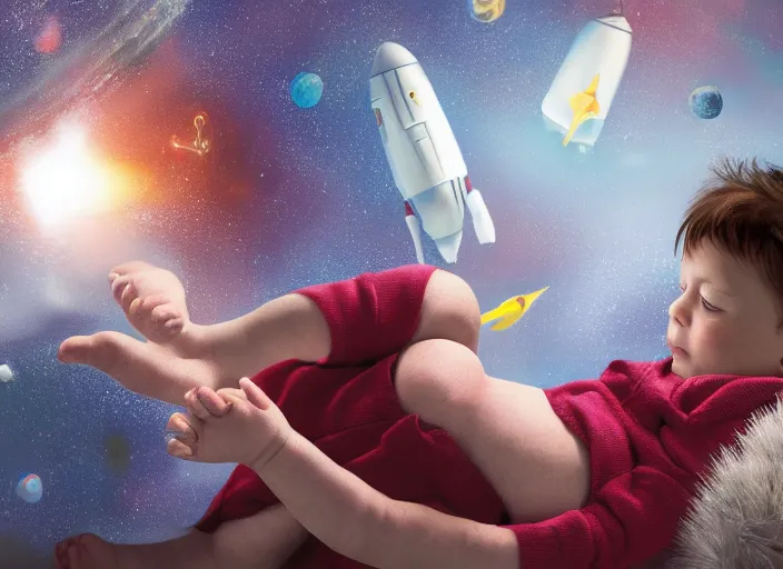 Image similar to toddler elon musk lying on a shaggy rug playing with his space rockets, realistic, beautiful soft lighting, istvan sandorfi