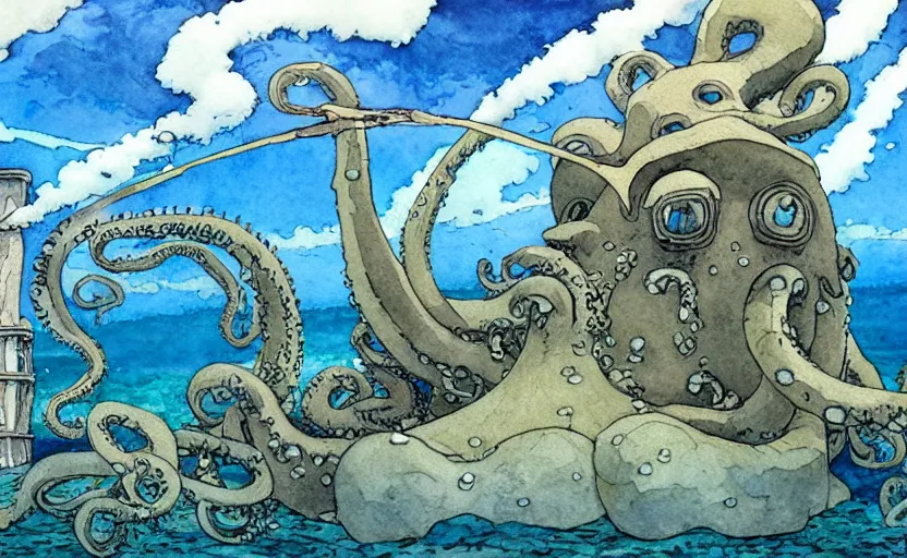 Prompt: a hyperrealist studio ghibli watercolor fantasy concept art. in the foreground is a giant grey octopus lifting a stone. in the background is stonehenge. the scene is underwater on the sea floor. by rebecca guay, michael kaluta, charles vess