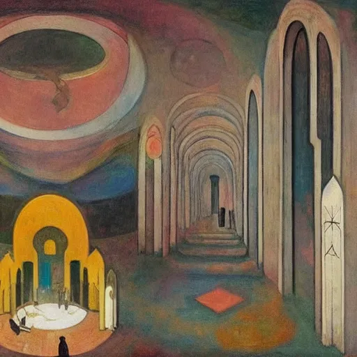 Prompt: apocalyptic scene,prayer,occult,refugees,mosque synagogue interior,masks,geometric art,prism,patina,edward hopper,hilma af klint