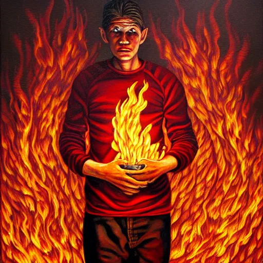 Prompt: a hyper realistic painting of a young fire - man, all body covered with a fire, by jeffrey smith, by andrea kowch