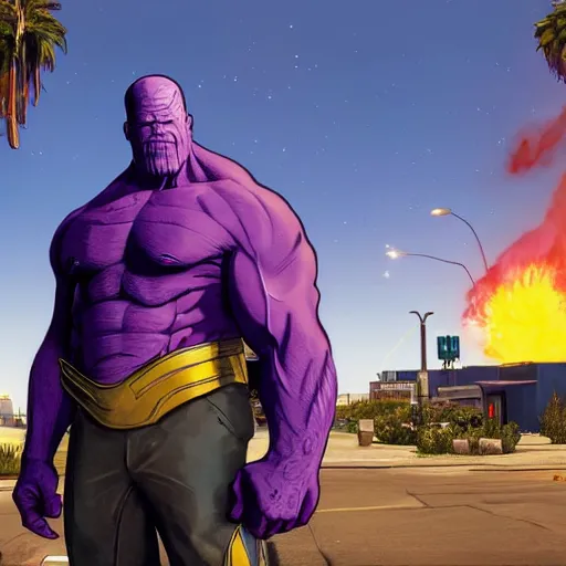 Prompt: Thanos in GTA V, cover art by Stephen Bliss, boxart, loading screen