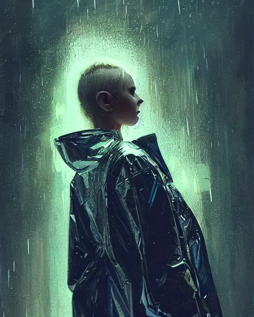 Image similar to detailed portrait kodak portra 800; grainy film European Pretty Young Girl Storm Rain bladerunner movie Reflective jacket coat, Futuristic sci-fi fashion, royal attire by ismail inceoglu dragan bibin hans thoma greg rutkowski Alexandros Pyromallis Nekro Rene Margitte illustrated Perfect face, fine details, realistic shaded, fine-face, pretty face