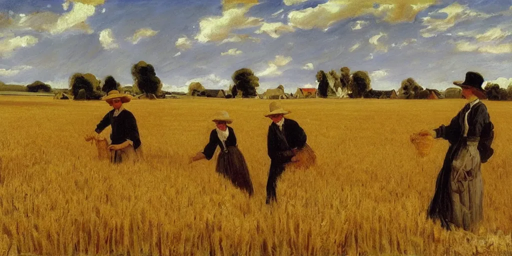 Prompt: a field full of Amish Farmers shocking wheat by John Singer Sargent