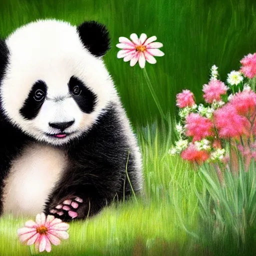 Image similar to cute fluffy baby panda cub sitting in spring meadow landscape with flowers detailed painting 4K