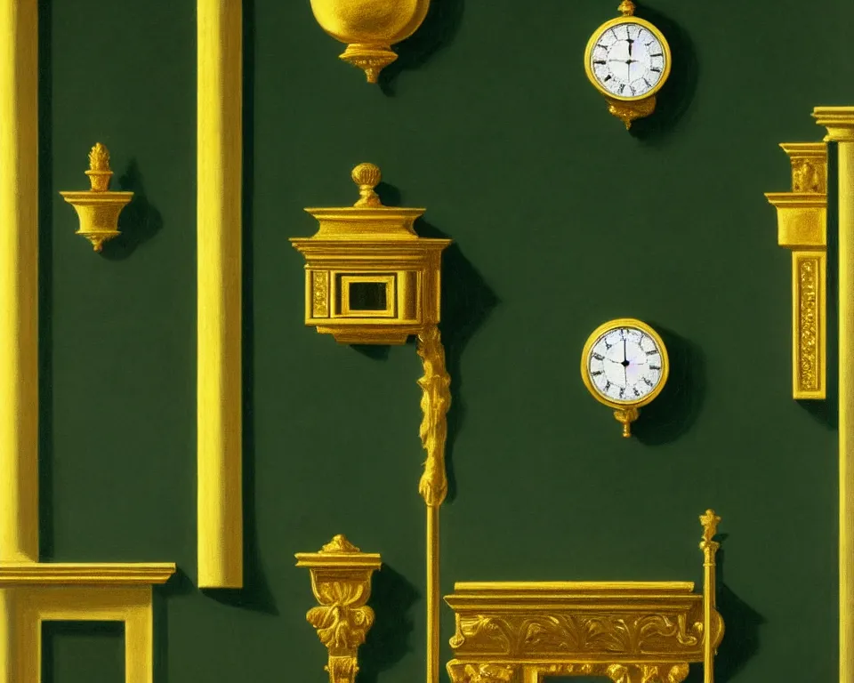 Prompt: an achingly beautiful print of gold clocks and corinthian capitals on a dark green wall by Raphael, Hopper, and Rene Magritte. detailed, romantic, enchanting, trending on artstation.