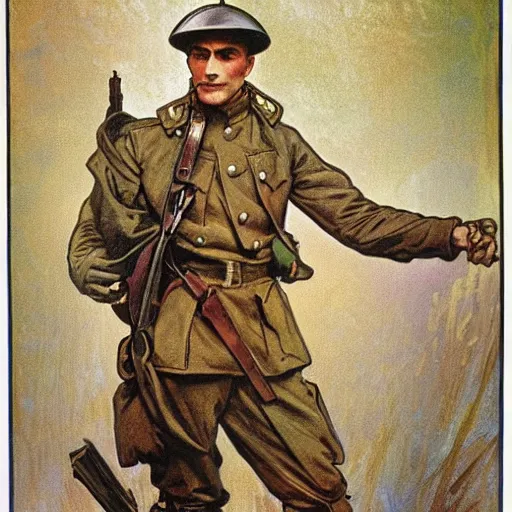 Image similar to ww 1 soldier, painted by alphonse mucha