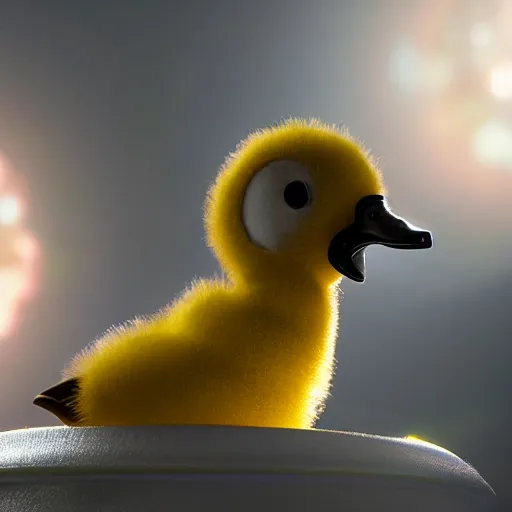 Image similar to A still of a little duckling dressed as an astronaut floating in space, 4k, photograph, photoreal, realistic, highly detailed, epic lighting, awar winning