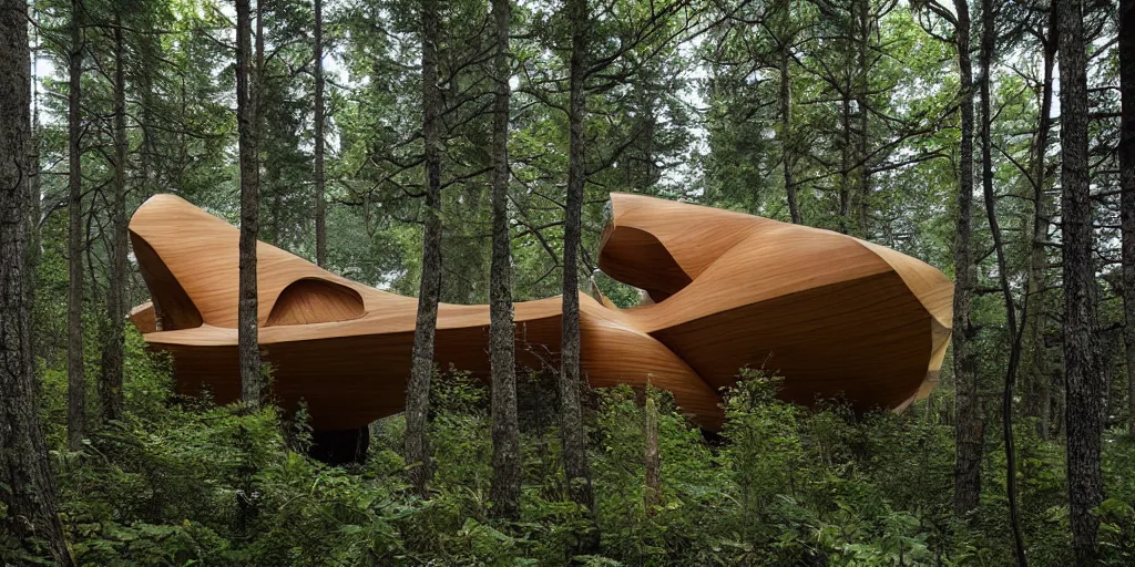 Image similar to wooden cabin designed by zaha hadid in an ominous forest, architectural photography