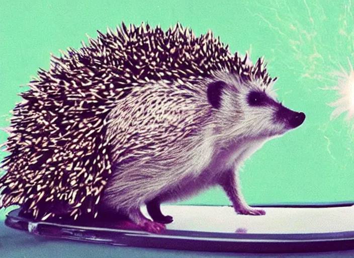 Prompt: a still from a 9 0 s cartioon, of a hedgehog wearing a crown inside a scifi spaceship