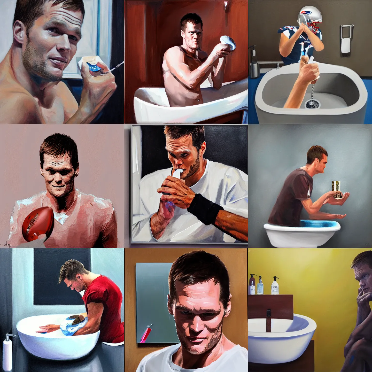 Prompt: tom brady sniffing cocaine in a bathroom sink, digital art, oil on canvas, trending on artstation