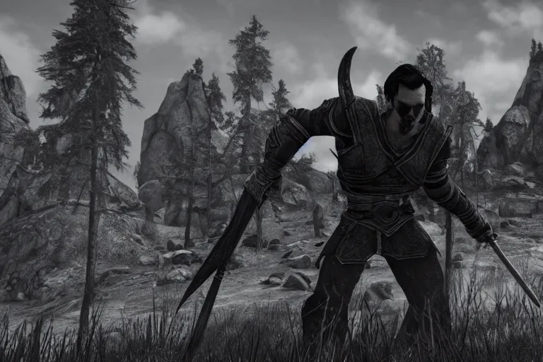 Gigachad In Skyrim, Ingame Screenshot, Black And | Stable Diffusion