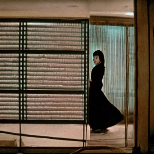 Prompt: wong kar wai lonely woman indoors movie scene