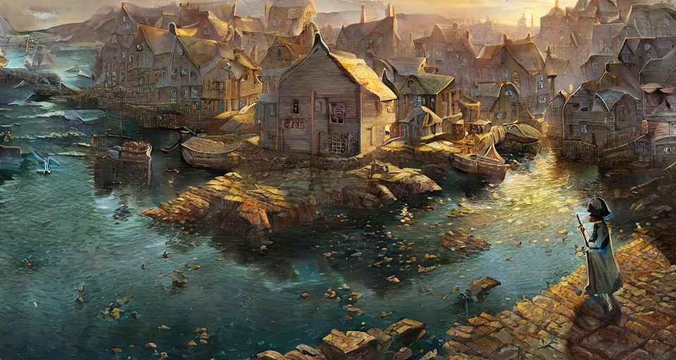 Image similar to highly detailed victorian cornish fishing village, stephen bliss, unreal engine, greg rutkowski, loish, rhads, beeple, makoto shinkai and lois van baarle, ilya kuvshinov, rossdraws, tom bagshaw, tom whalen, alphonse mucha, global illumination, god rays, detailed and intricate environment