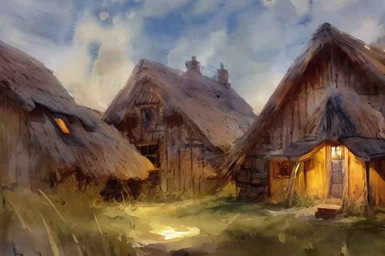 Image similar to paint brush strokes, abstract watercolor painting of rustic village house, interior closeup, medieval straw roof, scandinavian viking age, ambient lantern lighting, art by hans dahl, by jesper ejsing, art by anders zorn, wonderful masterpiece by greg rutkowski, cinematic light, american romanticism by greg manchess, creation by tyler edlin