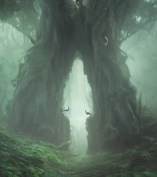 Prompt: demon spawn flying in an enchanted forest, flawless symmetrical pretty cute face, greg rutkowski, 8 k, shallow depth of field, intricate detail, concept art,