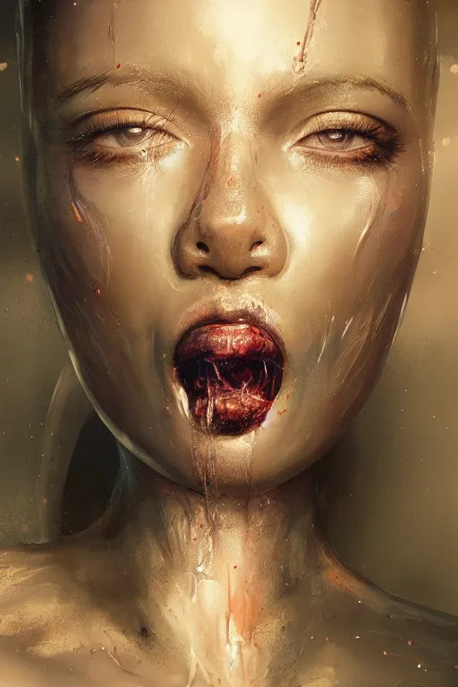 Prompt: attractive female i robot sticking tongue out sensually adn sweating, close - up portrait, intricate, elegant, volumetric lighting, scenery, digital painting, highly detailed, artstation, sharp focus, illustration, concept art, luis rollo, ruan jia, steve mccurry, john berkey