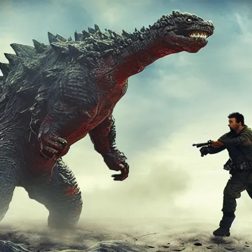 Prompt: Liam Neeson fighting Godzilla, post-apocalyptic, high-tech, hulking, wide shot, desert background, highly detailed, artstation, concept art, sharp focus, illustration, art by abaddon and magali villeneuve