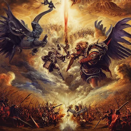 Prompt: battle between heaven and hell, highly detailed illustrated poster, HD, 8k