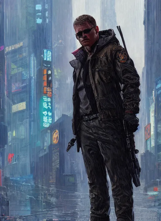 Image similar to Modern Teddy Roosevelt. Cyberpunk hitman in tactical gear. plastic raincoat. blade runner 2049 concept painting. Epic painting by James Gurney, Azamat Khairov, and Alphonso Mucha. ArtstationHQ. painting with Vivid color. (rb6s, Cyberpunk 2077)