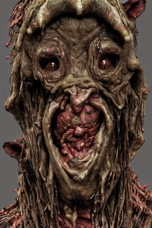 Prompt: hideous, grotesque, ominous, creepy, mangled, decaying, undead, slimy, wet, mucous covered, evil, satanic, tribal, pagan, blind sorcerer, pig faced, boar - man. 8 k resolution concept art, photorealistic, hyperdetailed, hyperrealism, weta workshop. octane render.