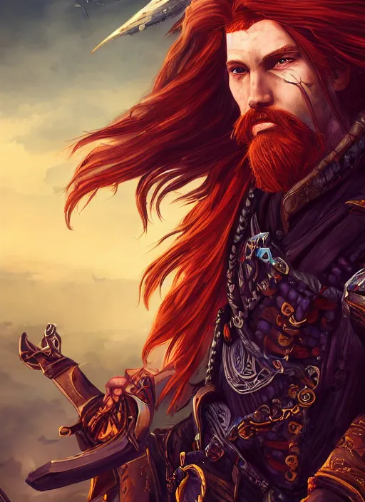 Image similar to An epic fantasy comic book style portrait painting of a long haired, red headed male sky-pirate in front of an skyship in the style of the wheel of time, unreal 5, DAZ, hyperrealistic, octane render, cosplay, RPG portrait, dynamic lighting
