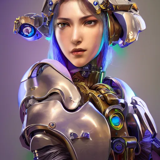 Image similar to studio portrait of lawful good colorful female holy mecha paladin absurdly beautiful, elegant, young sensual graceful woman, ultrafine hyperrealistic detailed face illustration by kim jung gi, irakli nadar, intricate linework, sharp focus, bright colors, matte, octopath traveler, final fantasy, unreal engine highly rendered, global illumination, radiant light, intricate environment