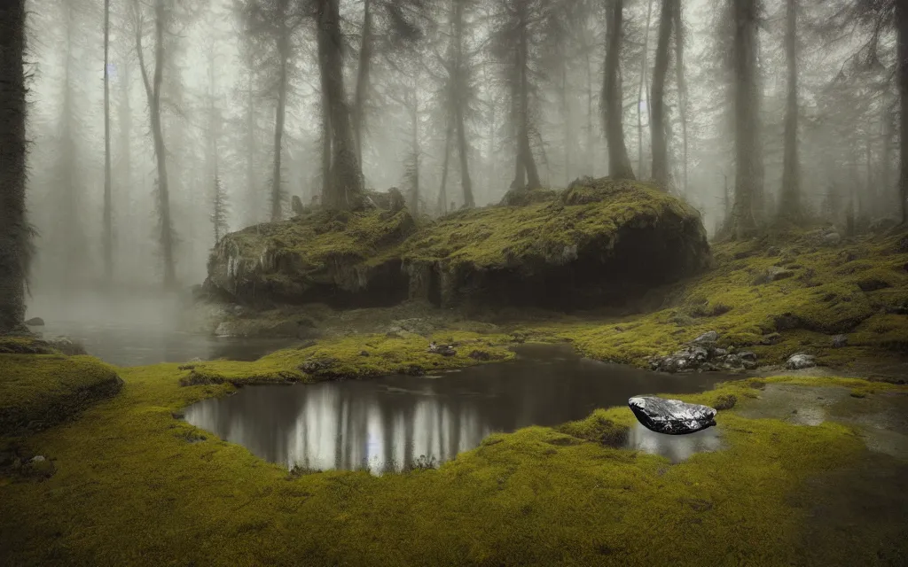 Prompt: a rock in a pond in the middle of the forest, fir trees, moss, fog, dramatic atmosphere, highly detailed, cinematic lighting, perfect composition artem demura